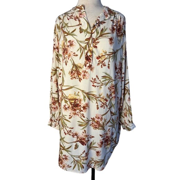 HM Shirt Dress Size 14 White Beige Floral Long Sleeve Mini Button Bohemian - Picture 1 of 13